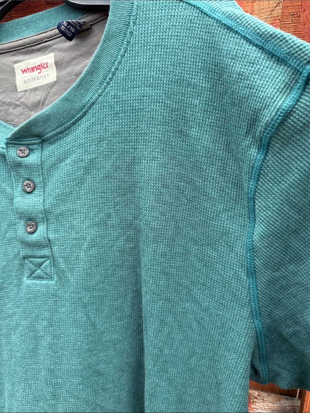Wrangler Teal Waffle-Knit Henley Long Sleeve Size XL - Picture 3 of 6